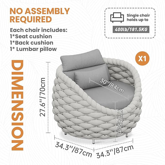 Patio Accent Chairs: Aluminum Porch Lounge Chair with Arms - Woven Rope Cushioned Armchair - Modern One Seater Chair - Outdoor Deck Furniture for 400lbs Balcony Lanai Poolside Garden Hotel, Gray