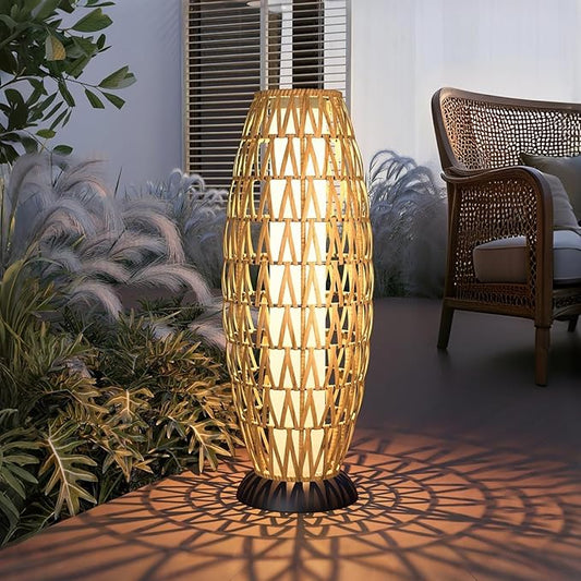 Solar Yard Outdoor Solar Lamp Woven Wicker Boho Lantern Floor Lamp, Decoration for Garden, Deck, Yard, Pathway, Oslo