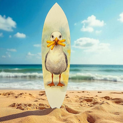 JennyGems Funny Seagull Surfboard Wall Art – Coastal Beach Decor, Seagull with Fries, Outdoor PVC Surfboard Sign (5 Foot)