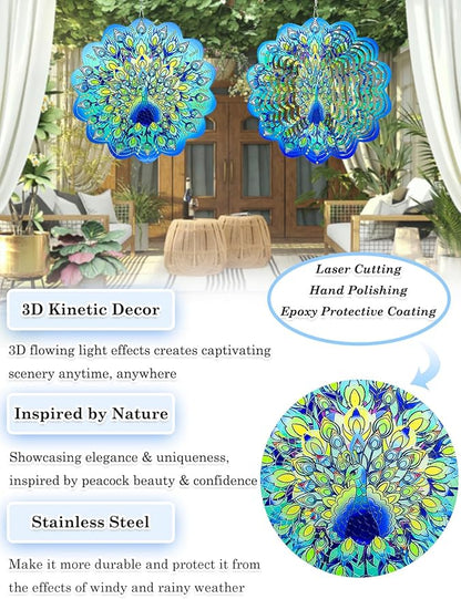 Peacock Wind Spinners Outdoor Hanging Decor - 12 Inch Peacock Garden Decor for Outside, 3D Stainless Steel Metal Wind Spinners, Yard Decorations Outdoor Gardening Gifts for Women