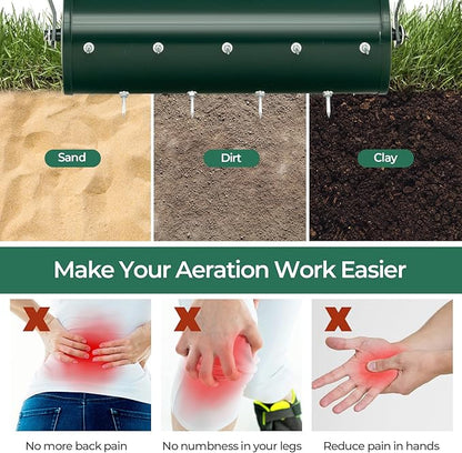 S AFSTAR 18" Manual Lawn Aerator, Heavy Duty Rolling Aerator Lawn Tool Filled Sand Stone with 51" Detachable Handle & Tine Spikes for Soil Loosening, Push Grass Aeration for Garden Yard