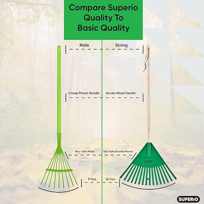 Rakes with Hardwood Handle, Durable Plastic Head to Sweep Leaves in Lawn and Tidying Up The Garden, 34" (Green), 6 Pack