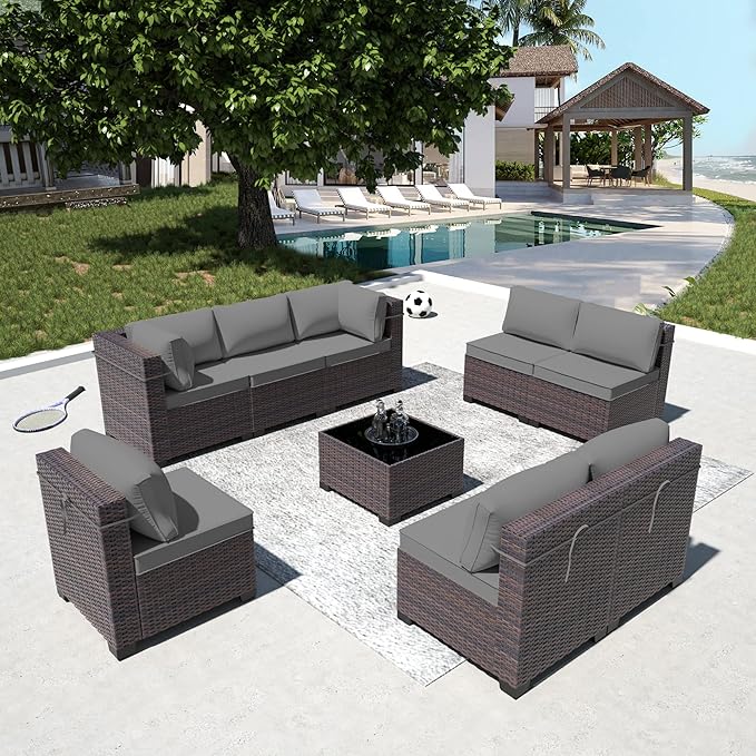 Outdoor Patio Furniture Set, 9 Pieces Outdoor Furniture All Weather Patio Sectional Sofa PE Wicker Modular Conversation Sets with Coffee Table,8 Chairs & Seat Clips(Grey)