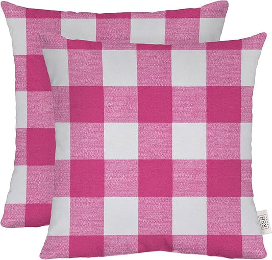 RSH DECOR: Square Throw Pillows Set of 2 | 20” x 20” | All-Weather Spun Fabric | Water and Fade-Resistant | Outdoor Accent Pillows for Patio Furniture | Classic Pink Buffalo