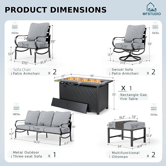 MFSTUDIO 8 Pieces Patio Furniture Sets with 45" Gas Fire Pit Table(Up to 9 Seat),Outdoor Metal Conversation Sofas with 1 x 3-Seat Sofa, 2 Single Chairs,2 Swivel Chairs and 2 Ottoman,Grey Cushion