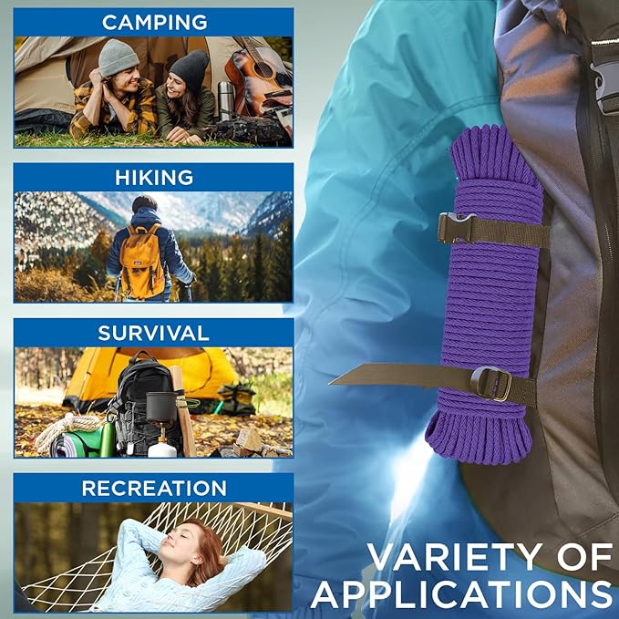 TECEUM Cotton Rope 3/16” (5 mm) – 100 FT – Strong All-Purpose Braided Rope – Natural Cotton – for Crafting, Сamping, Clothes Line, DIY, Indoor & Outdoor Use – Purple