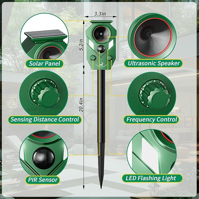 Solar-Powered Ultrasonic Animal Repellent with Motion Sensor, Waterproof Deer Repellent Device with LED Flashing Lights, Perfect for Outdoor Yards, Effective to Repel Deer, Coyotes, Raccoons, and Cats
