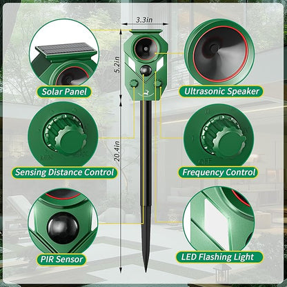 Solar-Powered Ultrasonic Animal Repellent with Motion Sensor, Waterproof Deer Repellent Device with LED Flashing Lights, Perfect for Outdoor Yards, Effective to Repel Deer, Coyotes, Raccoons, and Cats