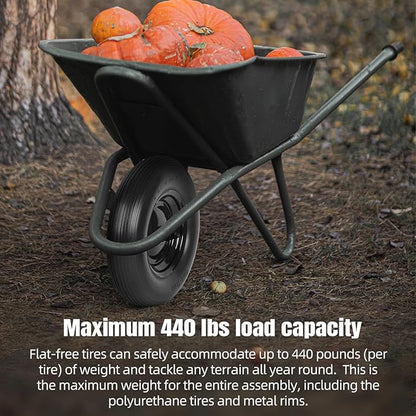(2-PACK) 4.80/4.00-8" Tire and Wheel - Universal Fit 16" Flat Free Solid Wheelbarrow Tires with 3" Hub and 5/8" Bearings – Extra Adapter kit includes 3/4" Ball Bearings, 1" and 1/2" Nylon Spacers