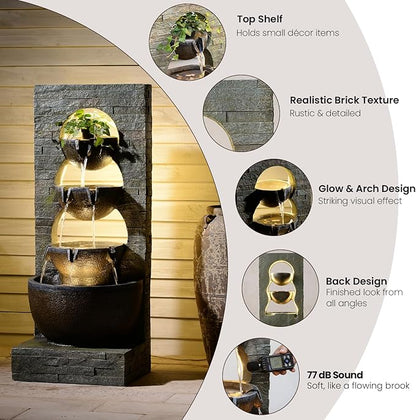 Water Fountain Outdoor Garden Waterfall Large Water Feature Tiered Freestanding Cascade Fountains Bowl Modern Artistry with LED Strip for Patio Yard Deck Home Decor, 43 inches, Brown