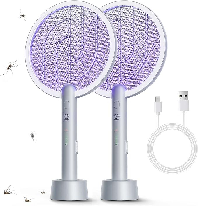 Electric Fly Swatter Racket, 2 in 1 Bug Zapper with USB Rechargeable Base, 4000 Volt Mosquito Killer with 3-Layer Safety Mesh for Pest Insect Control for Indoor、Office、Backyard、Camping（Gray-2 Pack）