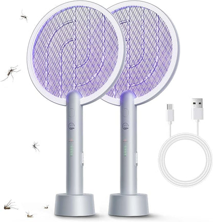 Electric Fly Swatter Racket, 2 in 1 Bug Zapper with USB Rechargeable Base, 4000 Volt Mosquito Killer with 3-Layer Safety Mesh for Pest Insect Control for Indoor、Office、Backyard、Camping（Gray-2 Pack）