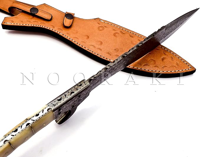 Nooraki MK-2007 Handmade Damascus Steel Fixed Blade Machete/Kukri Knife with Leather Sheath, Full Tang Multipurpose Knife with Camel Bone Handle for Hunting, Hiking, Camping, Survival, 18" Length