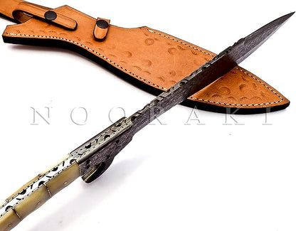 Nooraki MK-2007 Handmade Damascus Steel Fixed Blade Machete/Kukri Knife with Leather Sheath, Full Tang Multipurpose Knife with Camel Bone Handle for Hunting, Hiking, Camping, Survival, 18" Length