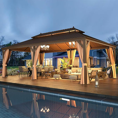 EROMMY 14'x24' Hardtop Gazebo Double Roof Galvanized Steel Outdoor Gazebos with Aluminum Frame, Netting and Curtains, Permanent Metal Pavilion for Patio Backyard Deck and Lawns