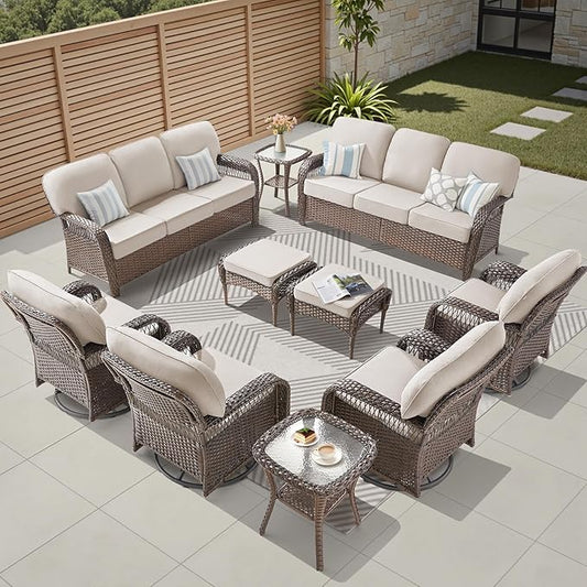 10 Pieces Patio Furniture Set Outdoor Sectional Sofa Couch with Rocking Swivel Chairs 5" Deep Seat Chairs, Modern Wicker Rattan Conversation Set, Beige/Brown Wicker