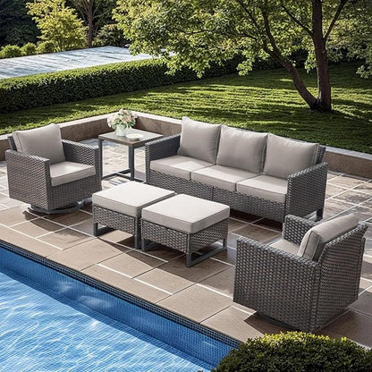 Wicker Patio Furniture Set, 6 PCS Outdoor Patio Furniture Set with Swivel Chairs, Includes 2 Swivel Patio Chairs, 1 Outdoor Couch, 1Side Table and 2 Ottoman, Brown/Beige