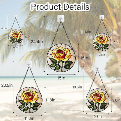 Stained Glass Window Hanging - Elegant Yellow Rose Flower Sun Catcher for Door Garden Home Decor Suncatcher Christmas Mother's Day Birthday Gifts for Women Mom Girl Nana Friend 9.8 in