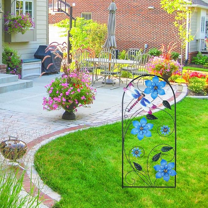 Garden Decor for Outside, YEAHOME 34 Inch Decorative Garden Stakes with Flowers Dragonflies, Metal Spring Yard Decorations for Outdoor Patio Lawn Backyard Blue