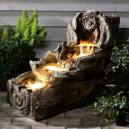 31.5" L Garden Water Fountain Outdoor, Artifical Imitation Wood Outdoor Water Fountain Natural Waterfall with LED Lights for Patio,Porch,Backyard,Home Art Decor（Resin）