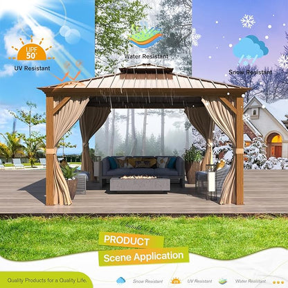 MELLCOM 12'x12' Hardtop Gazebo, Wooden Finish Coated Aluminum Frame Canopy with Galvanized Steel Roof, Outdoor Metal Gazebos with Curtains and Nettings for Patio, Backyard, Deck and Lawns