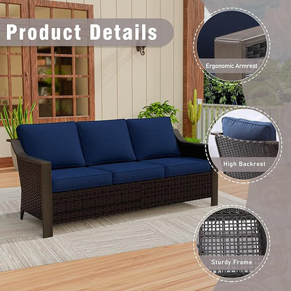 74 Inch Patio 3-Seater Sofa,PE Wicker Outdoor Lounge with Thick Removable Water-Resistant Cushions, Rust-Proof Steel Frame, 900LBS Capacity, Blue