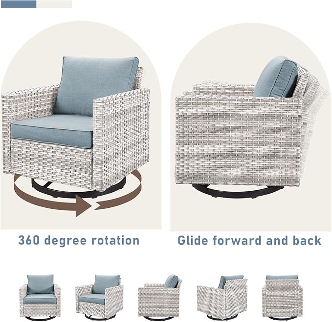Outdoor Swivel Rocker Chairs, Patio Swivel Chair Set, Wicker Swivel Patio Chairs Set of 2 with One Side Table, Light Grey/Light Blue