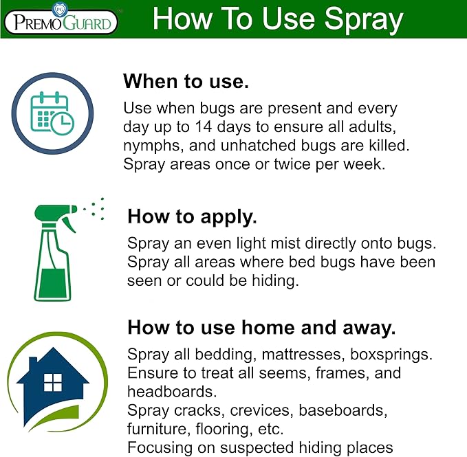 Premo Guard Bed Bug Killer Spray 24 oz - University Tested 100% Kill Rate - Natural Non Toxic, Stain & Scent Free - Kill Bedbugs & Mites On Bed & Blankets, Furniture, Clothing - Child & Pet Safe
