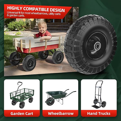 4.10/3.50-4 Tire and Wheel Flat Free,10-Inch Solid Wheel Replacement with 5/8 Bearings,2.2" Offset Hub -Compatible with Hand Truck,Wheelbarrow,Dolly(Black)