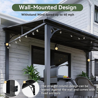 Aoxun 10' x 14' Lean to Gazebo, Upgraded Hardtop Outdoor Pergola with Sloping Galvanized Steel Roof, Large Wall-Mounted Heavy Duty Awnings for Patio, Backyard, Deck, Porch (Black)