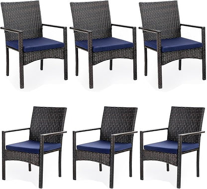 PHI VILLA Outdoor Rattan Dining Chairs Set of 6, Modern Wicker Armchair with Cushions for Patio, Deck, Yard, Porch - Brown