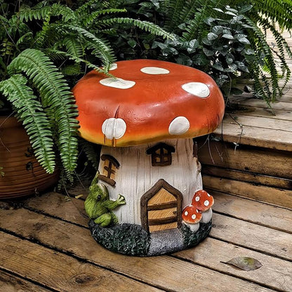 14''H Mushroom House Statue Outdoor Statues Garden Resin Stool Over Sized Sculpture Fairy Forest Pedestal Spring Decor for Home Courtyard Lawn Patio Summer Ornament Indoor Stool