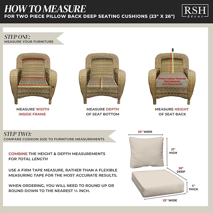 RSH DECOR: Deep Seating Cushion with Pillow Back | 23” x 26” Seat | All-Weather Spun Fabric | Water and Fade-Resistant | Outdoor Chair Cushion Set for Patio Furniture | Dawson Pewter Black Plaid