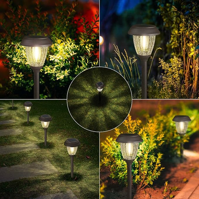 XMCOSY+ Solar Lights Outdoor 10/25 LM LED with 2 Lighting Modes, Solar Garden Lights Glass and Metal, IP65 Waterproof Solar Powered for Yard Pathway Walkway Driveway Patio (6 Pack, Warm White)