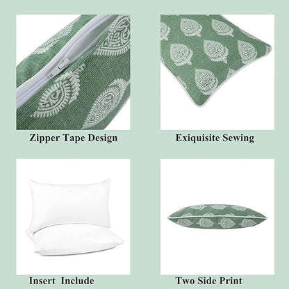 FUNHOME Set of 2 Patio Lumbar Pillows with Insert, 12”x20” Water-Repellent Outdoor Lumbar Pillow, Decorative Garden All Weather Lumbar Cushions for Home Patio Coach Sofa Use-Fair Green