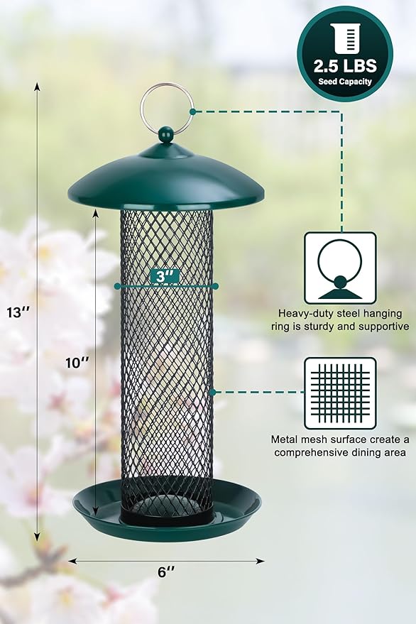 Gtongoko Bird Feeder for Outside, Metal Mesh Tube Bird Feeders 2.5 lbs for Sunflower Seeds or Mealworm, Large Capacity, Green, 1 Pack