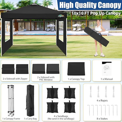 COBlZI 10x10 Pop Up Canopy Tent with 4 Removable Sidewalls，One Push Setup Waterproof Commercial Gazebo Tent with Air Vent, 4 Sandbags，4 Stakes & 8 Ropes（Tents for Party/Exhibition-Black