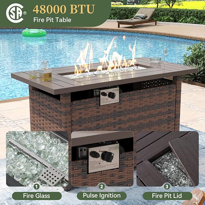 Aoxun 8 Piece Patio Furniture Set with 44” Fire Pit Table Wicker Rattan Outdoor Sectional Sofa Set with Coffee Table and Thickened Cushions, Red (Waterproof Cover Included)