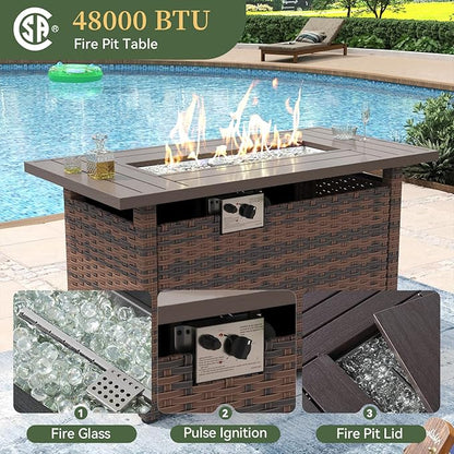 Aoxun 8 Piece Patio Furniture Set with 44” Fire Pit Table Wicker Rattan Outdoor Sectional Sofa Set with Coffee Table and Thickened Cushions, Red (Waterproof Cover Included)