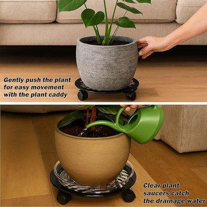 2 Packs Large Metal Plant Caddy with PU Wheels 12" Heavy-Duty Wrought Iron Rolling Plant Stands Indoor Outdoor Wheeled Plant Dolly Planter Mover Rollers Plant, Leaf Style