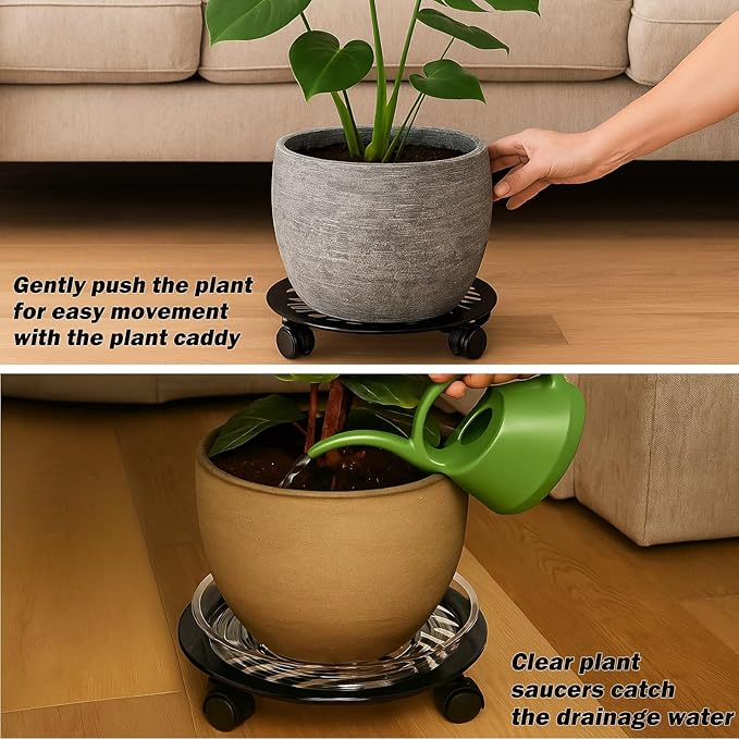 3 Packs Large Metal Plant Caddy with 3 PU Wheels 12" Heavy-duty Wrought Iron Rolling Plant Stands Indoor Outdoor Wheeled Plant Dolly Planter Mover Rollers Plant Trolley Cart, Plant Saucers Included