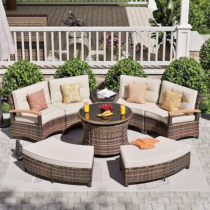 MEISSALIVVE 8 Piece Outdoor Patio Furniture Set, Half-Moon Curved Sectional Set with Wood Armrests, Patio Conversation Set, 2 Half-Moon Ottomans, Round Table & Side Table (Brown)