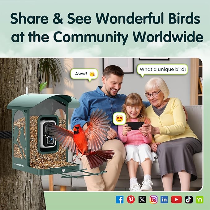 Humbirdy-Bird Feeder with Camera, 8MP Ultra HD Video & Photo, 10x Slow-Motion, 4K 30fps Live View, AI Identify, No Subscription, 2.4G/5G Wi-Fi, Solar Powered, Wildbird Watching Gifts-Metal