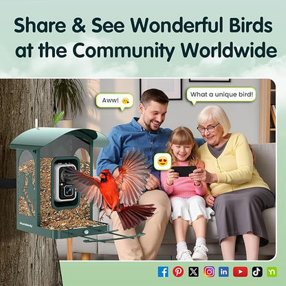 Humbirdy-Bird Feeder with Camera, 8MP Ultra HD Video & Photo, 10x Slow-Motion, 4K 30fps Live View, AI Identify, No Subscription, 2.4G/5G Wi-Fi, Solar Powered, Wildbird Watching Gifts-Metal