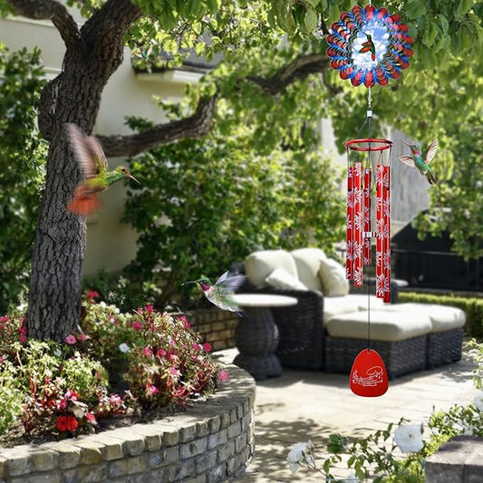 33" Memorial Sympathy Wind Chimes | Deep Tone Hummingbird Windchime with Animated Spinner, Waterproof Outdoor Garden Decor- Gift for Men/Women/Mom/Dad/Housewarming/Christmas
