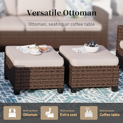Patio Furniture Set Outdoor Furniture Brown Wicker Rattan Patio Conversation Sets with Cushion Outside Sofa Set,6 Pieces with Rectangular Firepit Table,7 Seats,Beige