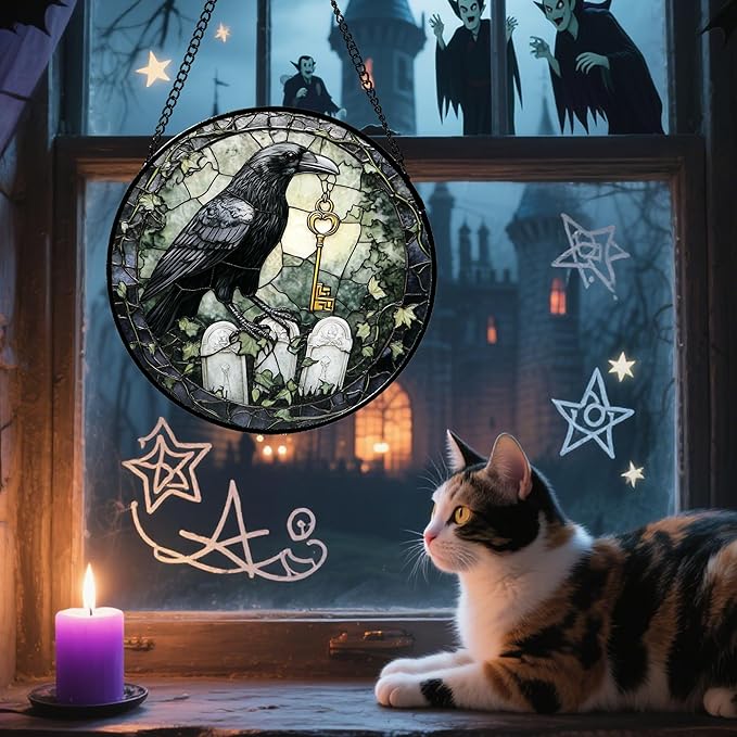 Stained Glass Window Hanging - Halloween Crow White Tombstone Suncatcher for Doors Garden Home Spooky Black Green Sun Catchers Gothic Decor Horror Gift for Women Men Friend Boy Girl 7.8 in