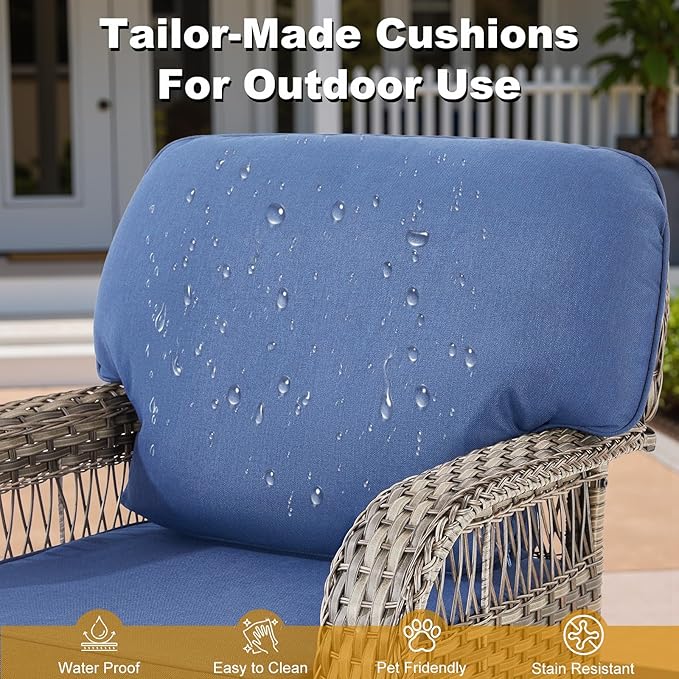 Patio Furniture Sets, 6 Pieces Wicker Outdoor Furniture with Patio Sidetables - 360 Degree Swivel Rocking Chairs and Rattan Side Table for Garden, Porch, Backyard, Blue/Gray Wicker