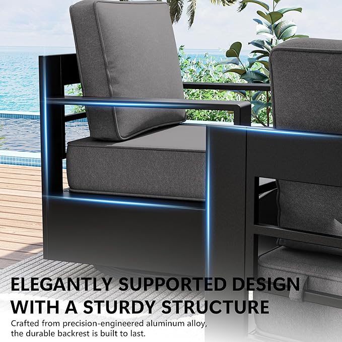 Outdoor Patio Furniture Set, 6-Piece Aluminum Patio Conversation Set All-Weather Metal Outdoor Sectional with 6 Inch Thick Cushions, Deep Setting for Garden, Outside and Porch