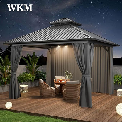 WKM 10x10 FT Hardtop Gazebo with Heavy Duty Galvanized Steel Double Roof, Aluminum Frame Permanent Pavilion with Curtains and Netting, Outside Canopy Gazebo for Patio, Deck and Backyard, Grey